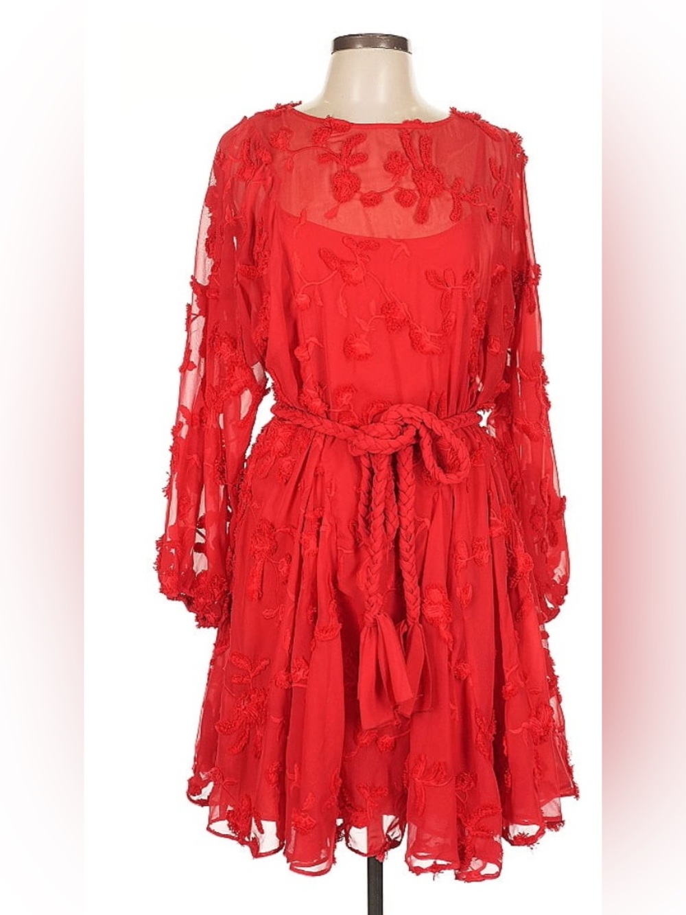 Red Floral Appliqué Long-Sleeve Rope-Waist Dress